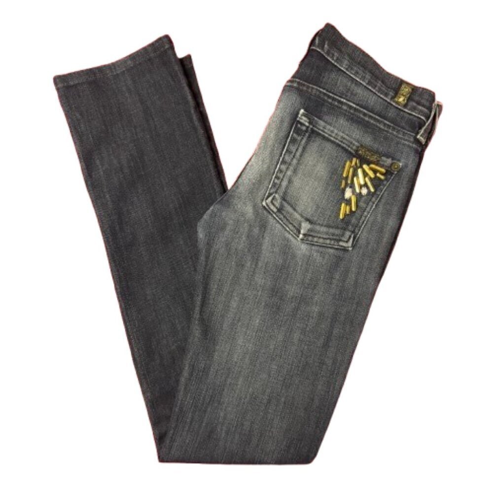 7 For All Mankind Straight Leg Beaded Pocket Denim Dark Wash 26